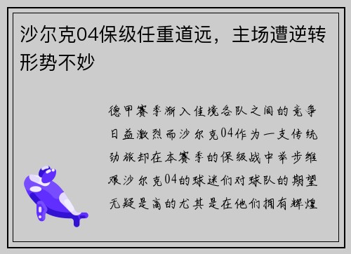 沙尔克04保级任重道远，主场遭逆转形势不妙
